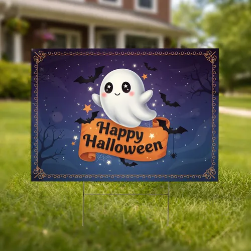 Floating Ghost Happy Halloween Banner - Halloween Party Decor Yard Sign