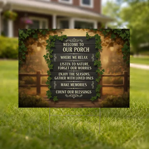 Rustic WELCOME TO OUR PORCH Wooden Sign with Ivy - Garden Home Decor Gift Yard Sign