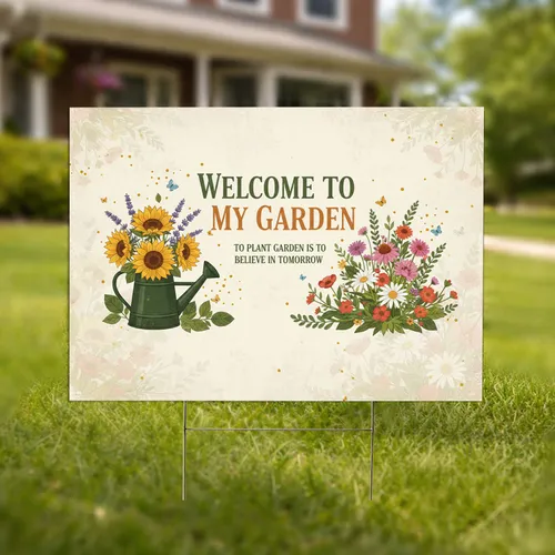 Welcome Garden Watering Can Sunflowers Wildflowers - Home Decor Gift for Garden Lover Yard Sign