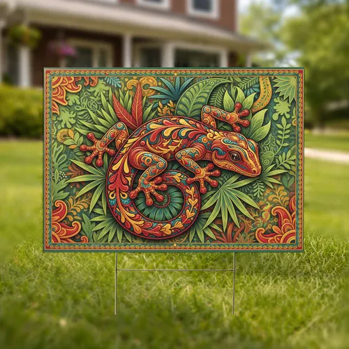 Ornate Gecko Tropical Foliage - Outdoor Garden Decor for Wildlife Lover Yard Sign