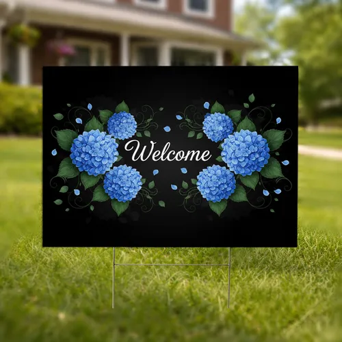 Crisp Welcome Blue Hydrangea Floral Black Field - Elegant Home Decor Gift Yard Sign