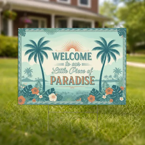 Tropical Coastline Welcome Paradise Palm Trees Sun Hibiscus - Everyday Home Decor Yard Sign