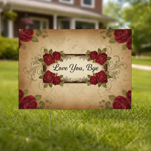 Rustic Vintage 'Love You, Bye' Sign with Red Roses - Home Garden Decor Gift Yard Sign