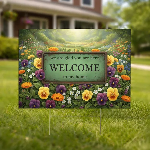 Verdigris Welcome Plaque Pansy Calendula Flowers - Everyday Home Welcome Yard Sign