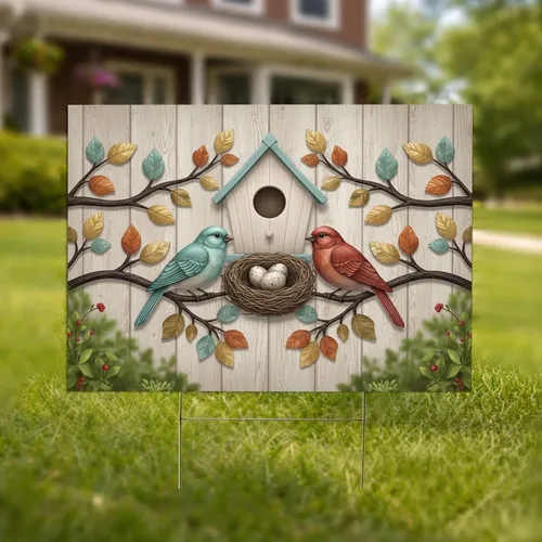 Two Birds Bird Nest Birdhouse Branches Wildlife Lover Gift Yard Sign