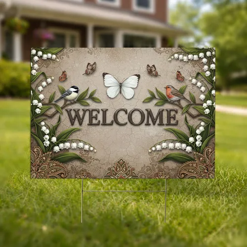 Welcome Text Chickadee Robin Lily Butterflies Foliage - Everyday Home Garden Decor Yard Sign