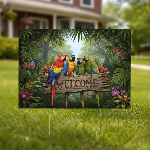 Macaws Welcome Sign Tropical Jungle Home Decor Gift for Bird Lover Yard Sign