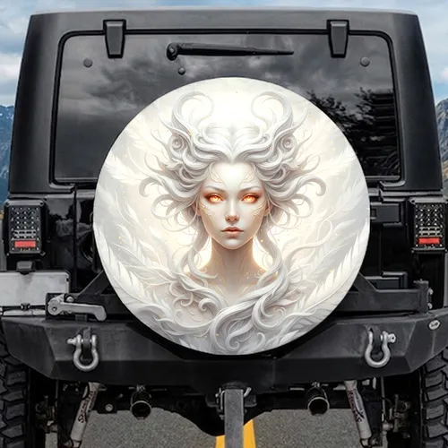 Ethereal Goddess Face Glowing Orange Eyes Golden Linear Patterns - Home Decor Gift Spare Tire Cover
