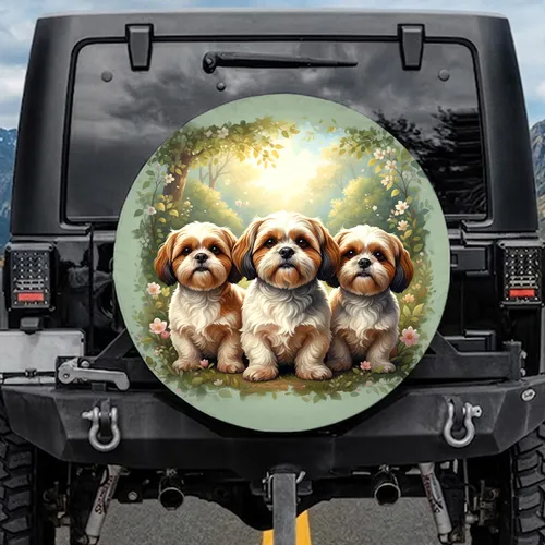 Three Shih Tzu Dogs Sun-Dappled Leaves Golden Light Blue Sky - Outdoor Adventure Dog Lover Gift Spare Tire Cover