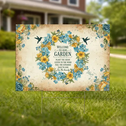 WELCOME TO OUR GARDEN Floral Wreath Hummingbirds - Inspirational Garden Decor Yard Sign