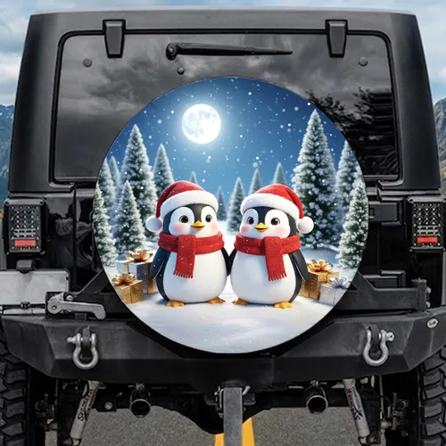 Cartoon Penguins Snow Gift Boxes Winter Wonderland Christmas Gift Spare Tire Cover