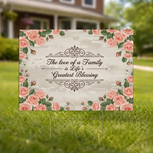 Roses Green Leaves Scrollwork Family Blessing Quote Rustic Wood Panel - Family Home Decor Gift Yard Sign