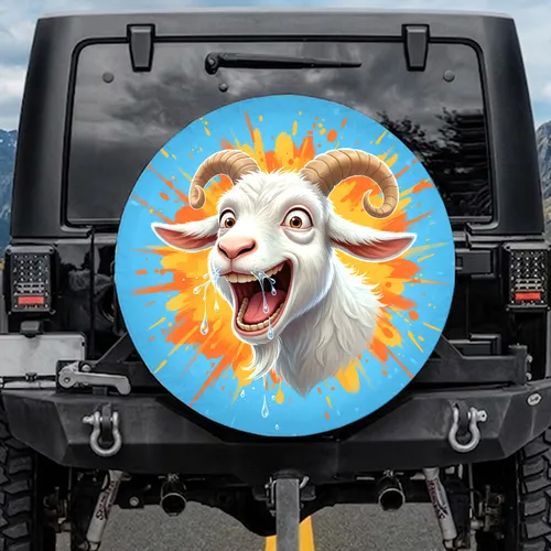 Loud Laughing Fluffy White Goat Dripping Tongue Out Horns - Playful Farm Animal Gift Spare Tire Cover