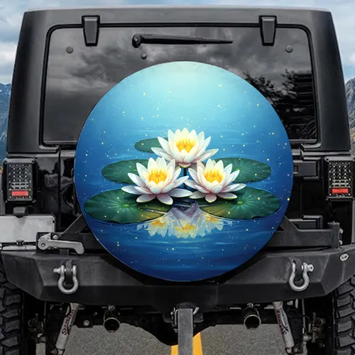 White Lotus Flowers Golden Pond Lily Pads Blue Water - Home Decor Gift for Nature Lovers Spare Tire Cover