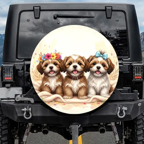 Three Fluffy Shih Tzu Puppies Floral Crown Collar Bow - Dog Lover Gift Spare Tire Cover