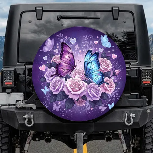 Iridescent Purple Blue Butterfly Rose Celestial Field - Fantasy Lover Gift Spare Tire Cover