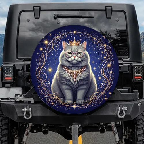 Light Grey Cat Pink Glasses Crown Necklace - Celestial Night Sky Cat Lover Gift Spare Tire Cover