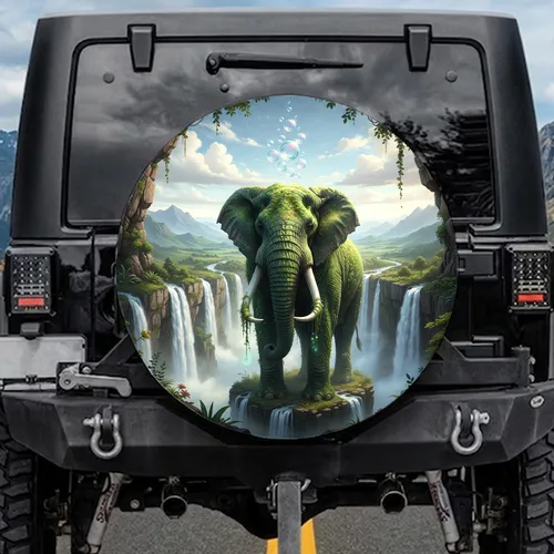 Elephant Mossy Vines Glowing Bubbles Waterfalls - Nature Lover Gift Spare Tire Cover