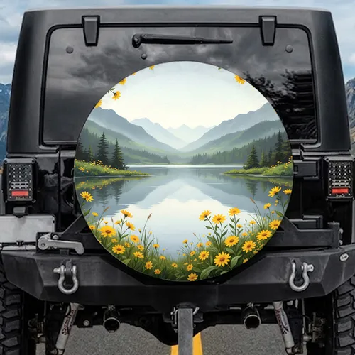 Mountain Lake Wildflower Landscape - Nature Lover Gift Spare Tire Cover
