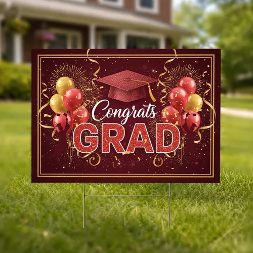 Glitter Maroon Graduation Cap Congrats GRAD - Celebration Gift for Graduates Yard Sign
