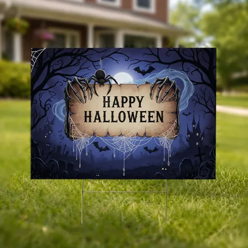 Skeletal Hands 'HAPPY HALLOWEEN' Banner Spider Cobwebs Twisted Trees - Halloween Decor Yard Sign