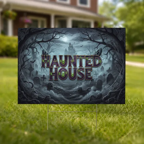 Weathered Gothic Haunted House Graveyard Mansion with Mist - Spooky Halloween Decor Yard Sign