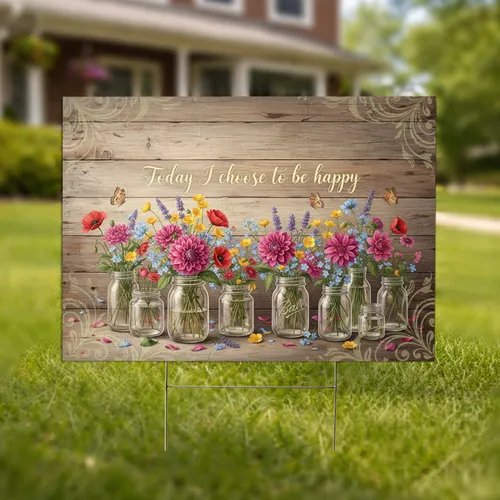 Today I Choose Happy Wildflower Mason Jar Rustic Wood - Inspirational Home Decor Gift Yard Sign