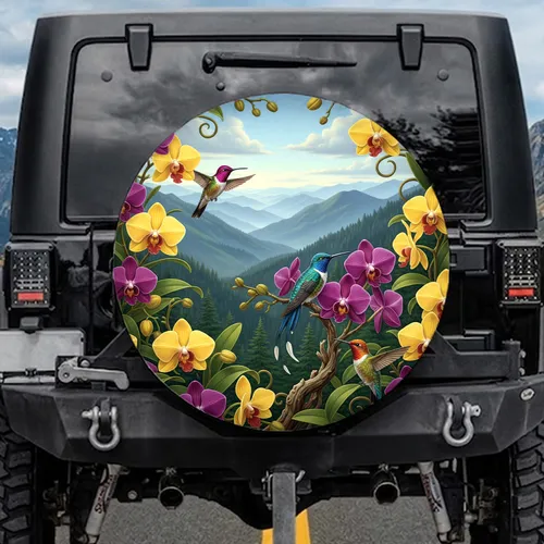 Hummingbirds Orchid Flowers Mountain Ranges - Wildlife Lover Gift Spare Tire Cover