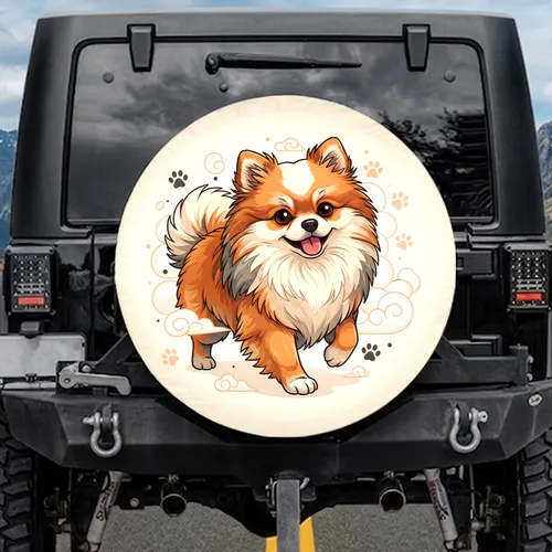Pomeranian Dog Tongue Out Cloud Paw Prints - Pet Owner Car Accessory Gift Spare Tire Cover