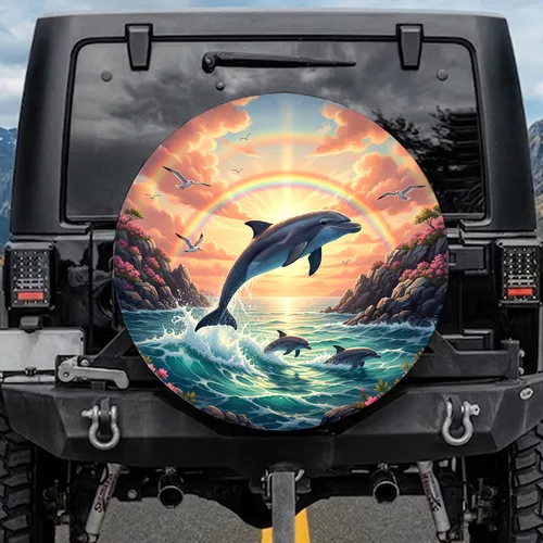 Leaping Dolphins Ocean Wave Rainbow Sunset Sky - Wildlife Lover Outdoor Gift Spare Tire Cover