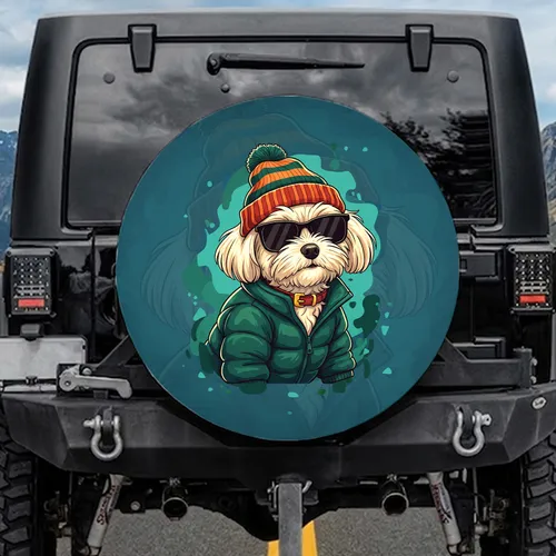 Maltese Dog Striped Beanie Sunglasses Puffer Jacket - Vehicle Accessory Dog Lover Gift Spare Tire Cover