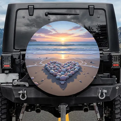 Distant Coastline Tumbled Beach Pebble Heart Ocean Sunset Seascape - Ocean Lover Gift Spare Tire Cover