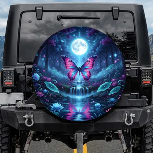Glowing Magenta Butterfly Waterfall Full Moon - Mystical Night Decor Gift Spare Tire Cover