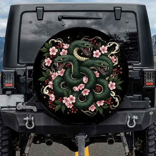 Snarling Snake Heads Intertwined Cherry Blossoms Red Berries - Wildlife Lover Auto Decor Gift Spare Tire Cover