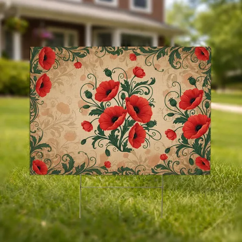 Red Poppy Flowers Green Foliage Botanical - Organic Garden Decor Gift Yard Sign