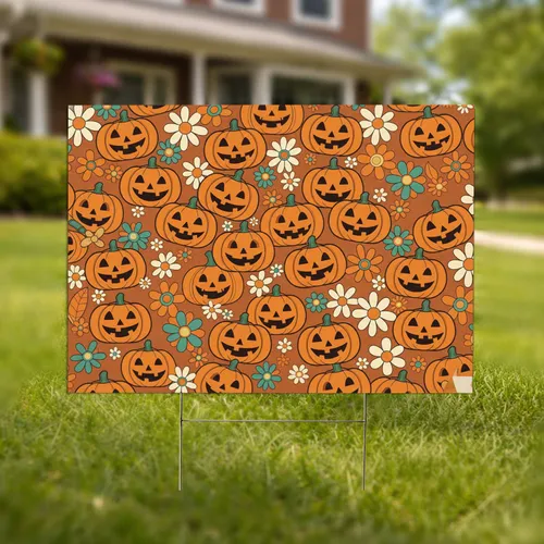 Smiling Jack-o'-lanterns Daisy Orange Teal Flowers - Halloween Garden Decor Yard Sign