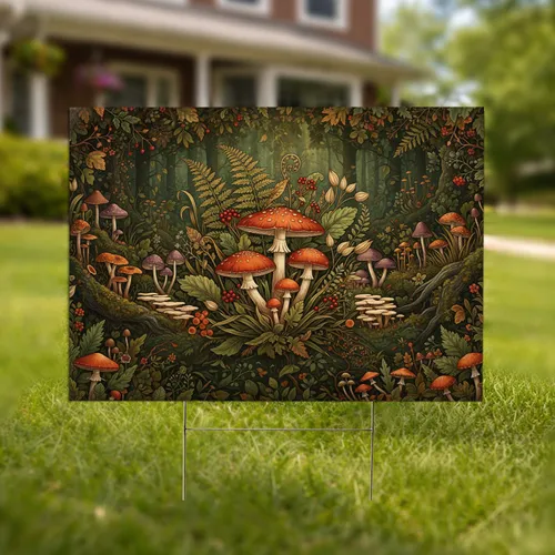 Reddish-Orange Mushroom Forest Foliage Outdoor Garden Decor Yard Sign
