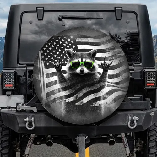 Raccoon Neon Sunglasses Rock Horns American Flag Patriotic Wildlife Lover Everyday Gift Spare Tire Cover