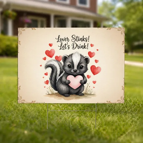 Baby Skunk Pink Heart 'Lover Stinks! Let's Drink!' - Funny Relationship Humor Gift Yard Sign