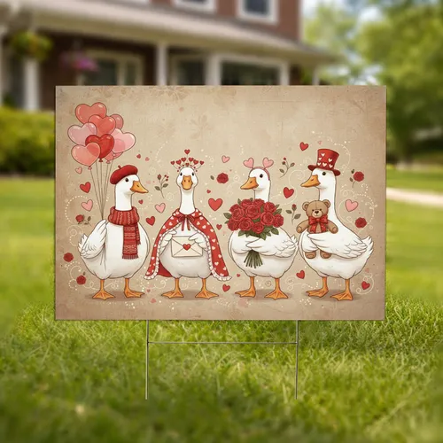 White Geese Heart Balloons Roses Teddy Bear - Valentine's Day Gift Yard Sign