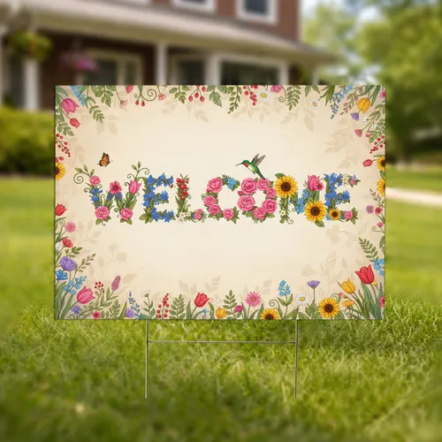 Welcome Floral Typography Hummingbird Butterfly - Inviting Home Decor Gift Yard Sign