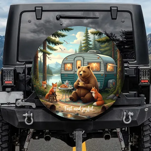 Teacup Bear Red Fox Retro Travel Trailer Forest - Wildlife Camper Gift Spare Tire Cover