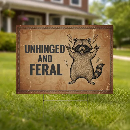 Raccoon Rock On Unhinged and Feral Lightning - Wildlife Lover Gift Yard Sign