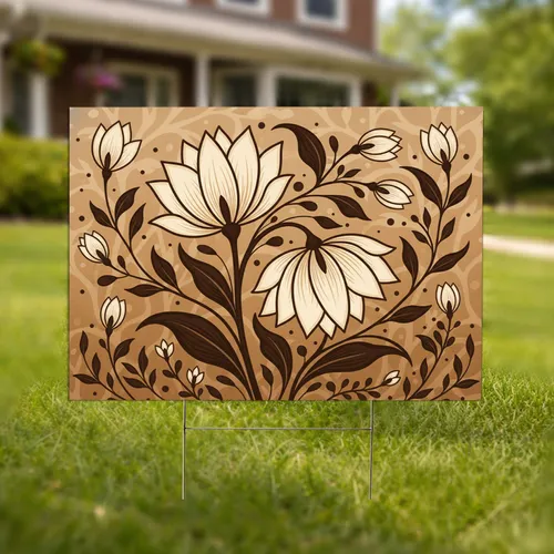 Large Floral Blooms Creamy Beige Petals Organic Leaves - Brown Outlining Home Decor Gift Yard Sign