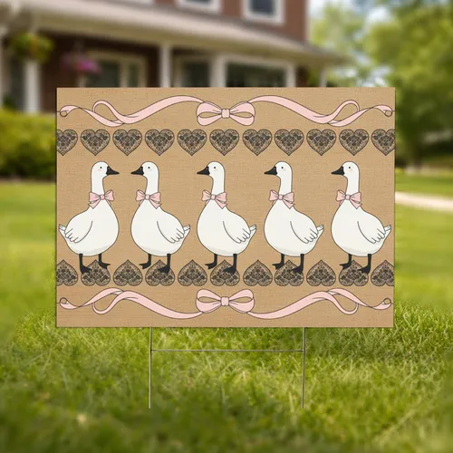 Six Plump White Geese Pink Bows Hearts Floral - Farmhouse Home Decor Gift Yard Sign
