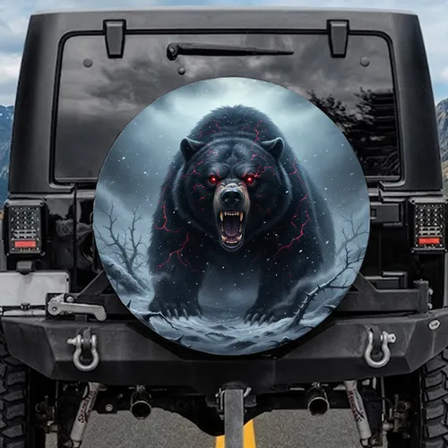 Enraged Roaring Black Bear Glowing Red Eyes Arctic Wilderness - Wildlife Lover Gift Spare Tire Cover