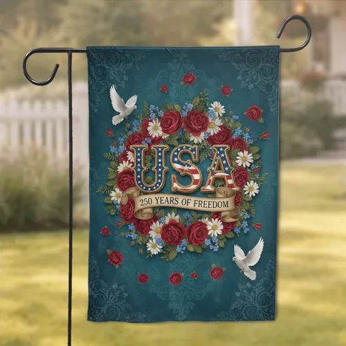 USA Floral Wreath Doves - 250th Anniversary Independence Day Gift for Veterans Garden Flag