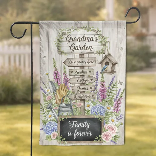 Custom Kids Name Grandma's Garden Family Forever Signs - Farmhouse Home Decor for Grandparents Garden Flag