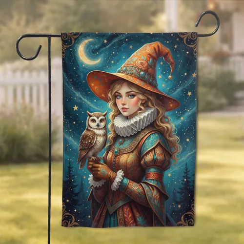Regal Witch Cradling Owl Crescent Moon Stars Enchanted Forest Decor Gift Garden Flag