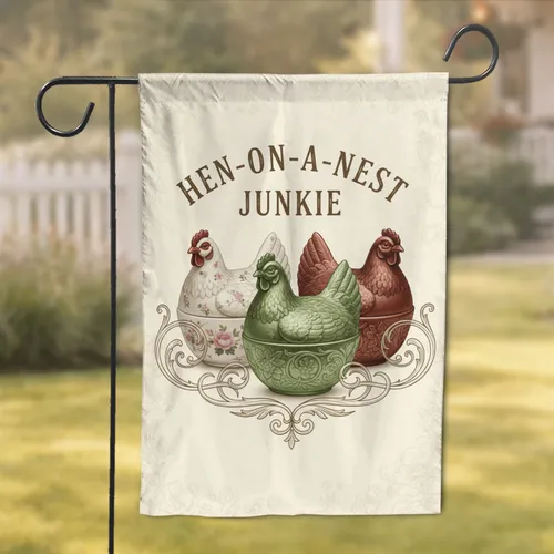 Hen-on-a-Nest Junkie Vintage Dishes Farmhouse Home Decor Gift Garden Flag